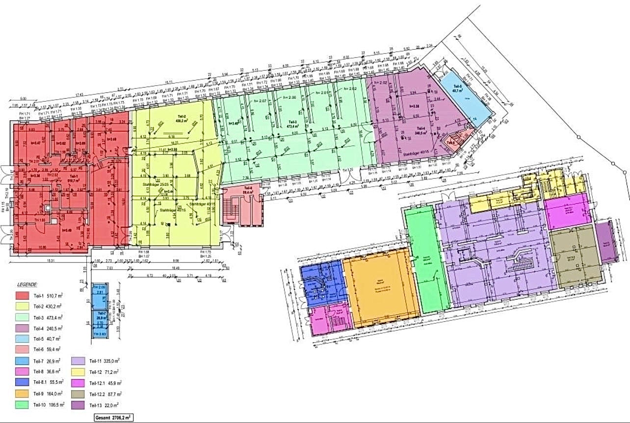Grundriss Gewerbegebäude mit Flächenaufteilung